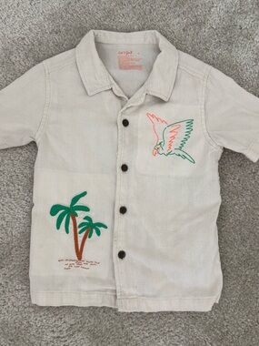 Cat & Jack Cream Button-Up Kids Shirt with Palm & Parrot Embroidery